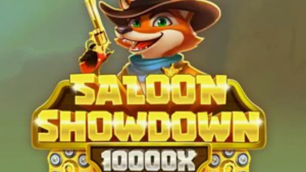 Tampilan visual slot Saloon Showdown 10,000x dengan tema Wild West kartun